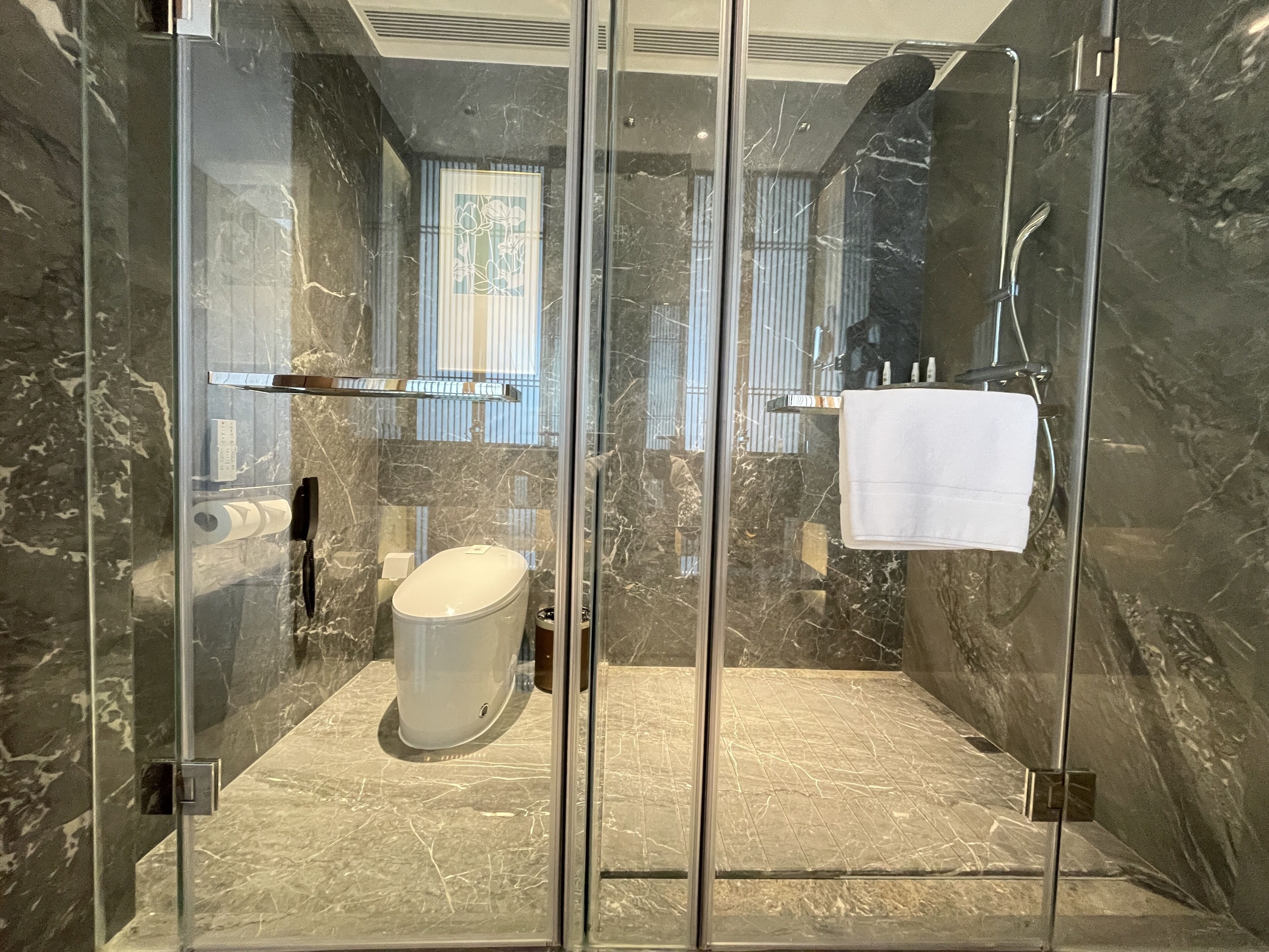 Un baño moderno con ducha envuelta en vidrio, paredes de mármol, inodoro y toallero.