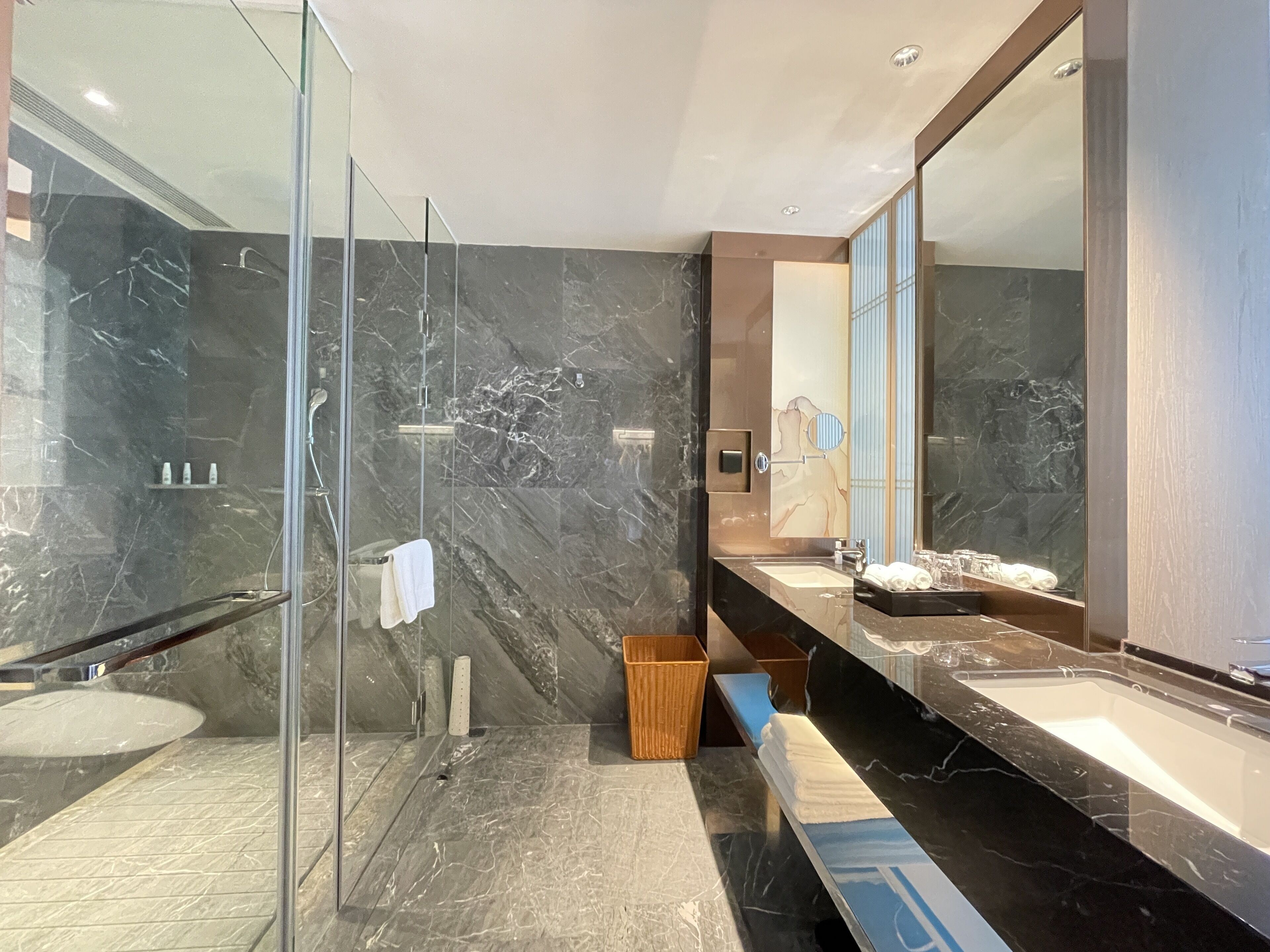 Une salle de bain moderne avec une douche à l’italienne en verre, un grand miroir et un plan de toilette en marbre.