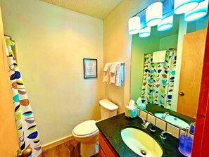 シャワー付き浴槽、ヘアドライヤー、タオル、石鹸
