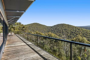 A wooden deck with glass railings overlooking a forested hillside.