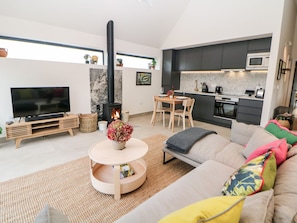 Una sala de estar moderna con televisor de pantalla plana, chimenea, comedor y cocina con muebles oscuros.