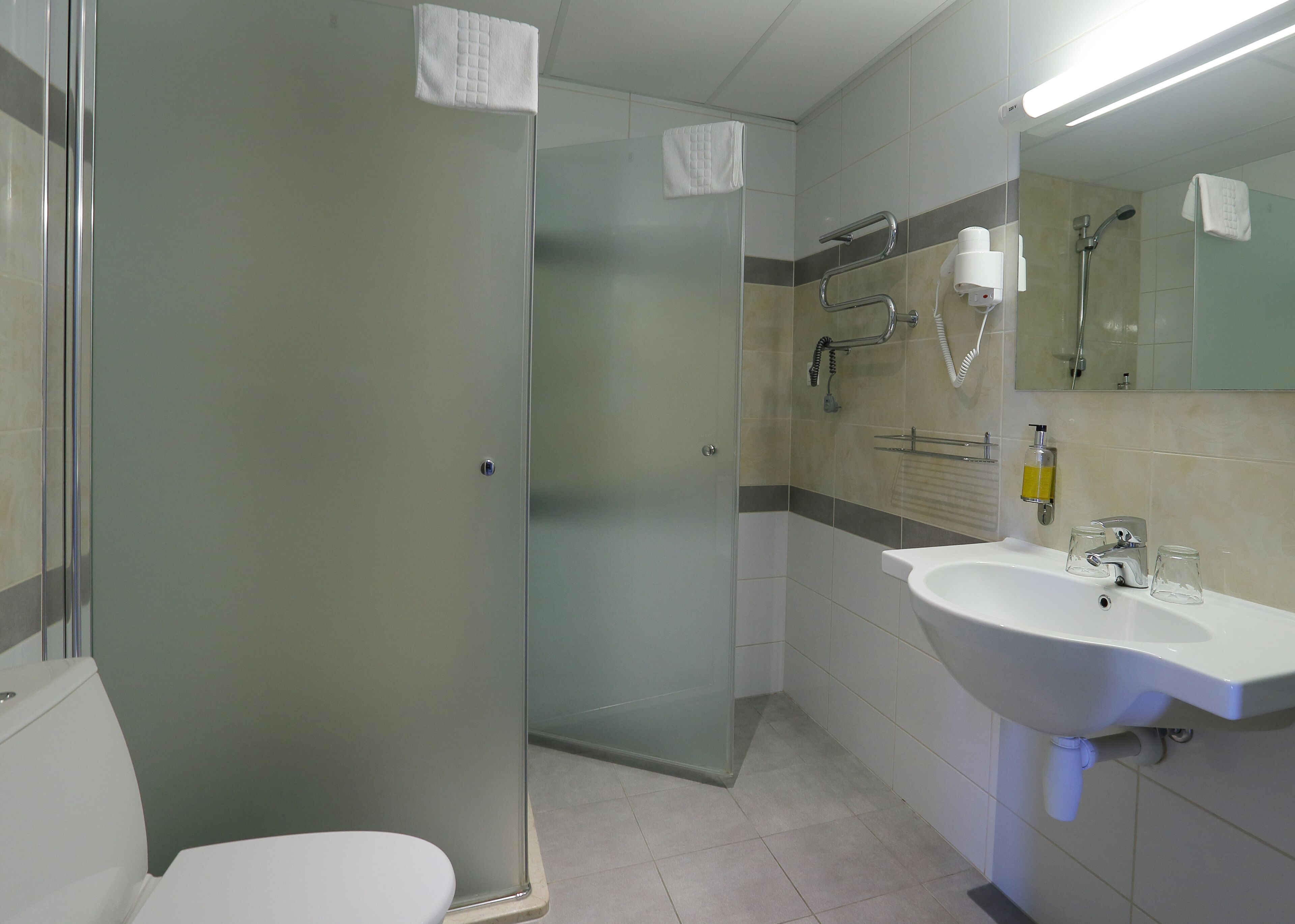 A bathroom with a glass shower door, a white sink, and a mirror.