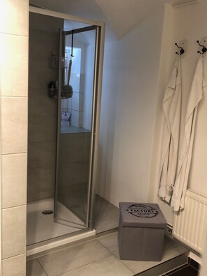 Shower, towels, soap, toilet paper