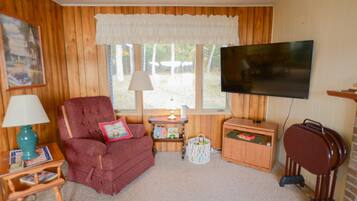 Smart TV, fireplace, books, streaming services