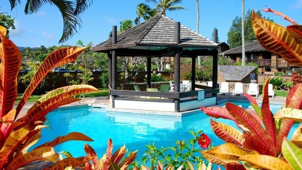 Un espace piscine agrémenté d’un kiosque, de palmiers et de plantes tropicales.