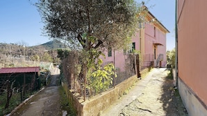 Un estrecho callejón con un camino de piedra, un edificio rosa y un árbol.