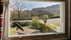 Vista desde una ventana a un paisaje rural, con un comedero de pájaros de madera, un árbol y un muro de piedra.