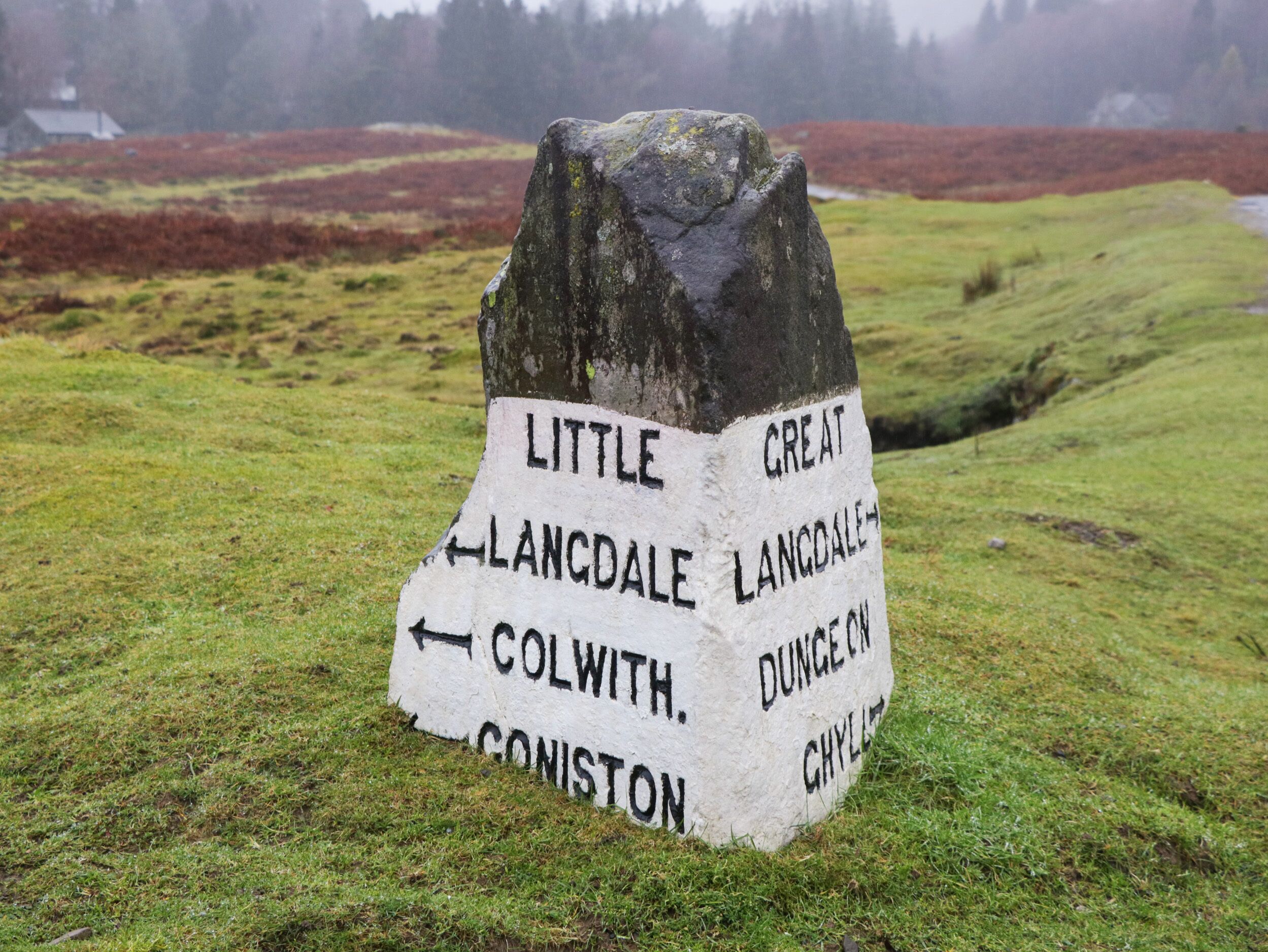 A directional signpost in a grassy field with arrows pointing to various destinations.
