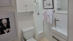 Uma casa de banho moderna com sanita, chuveiro, lavatório e espelho.