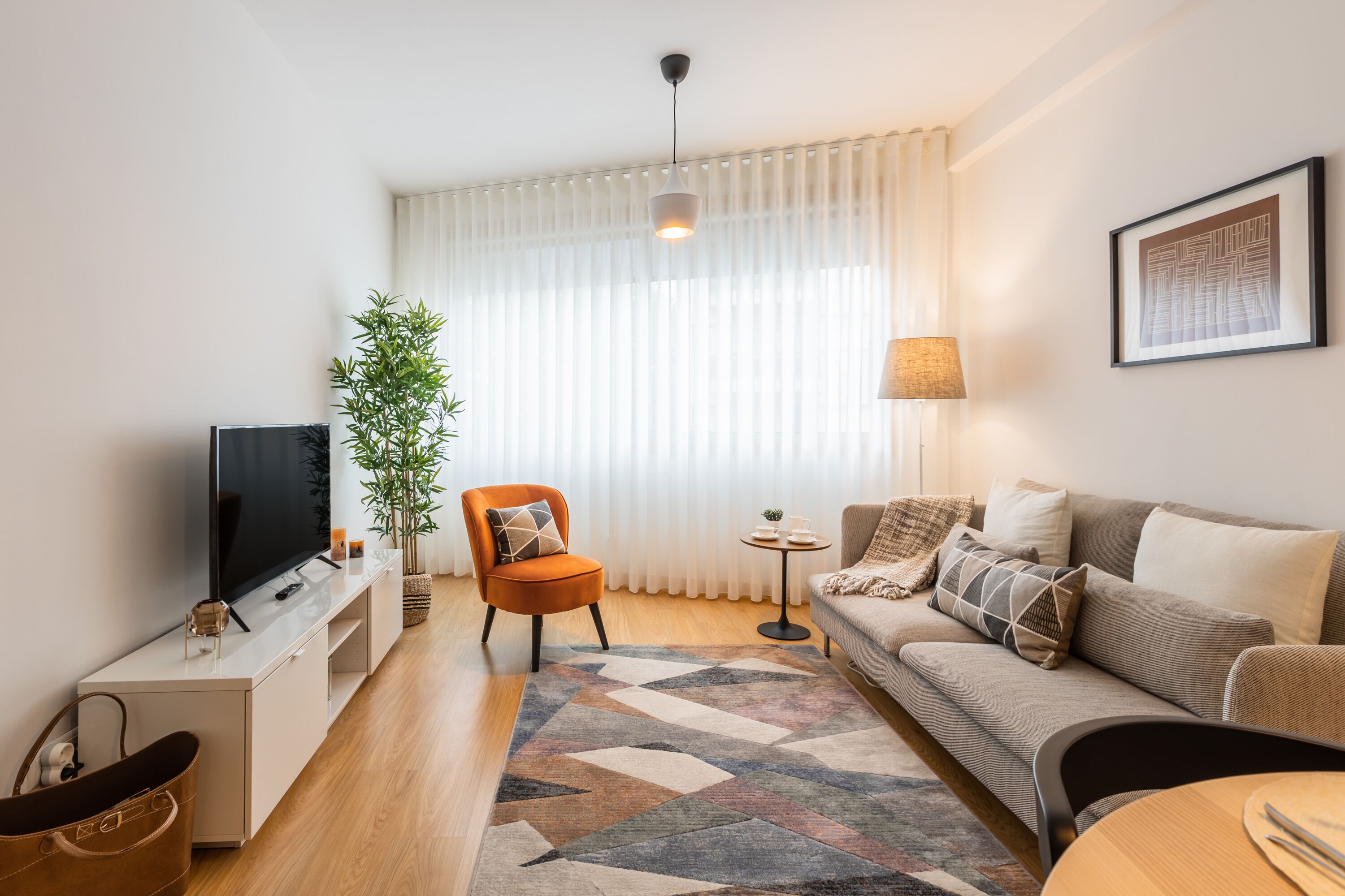 A modern living room with a flat-screen TV, a sofa, a chair, a small table, and a plant.