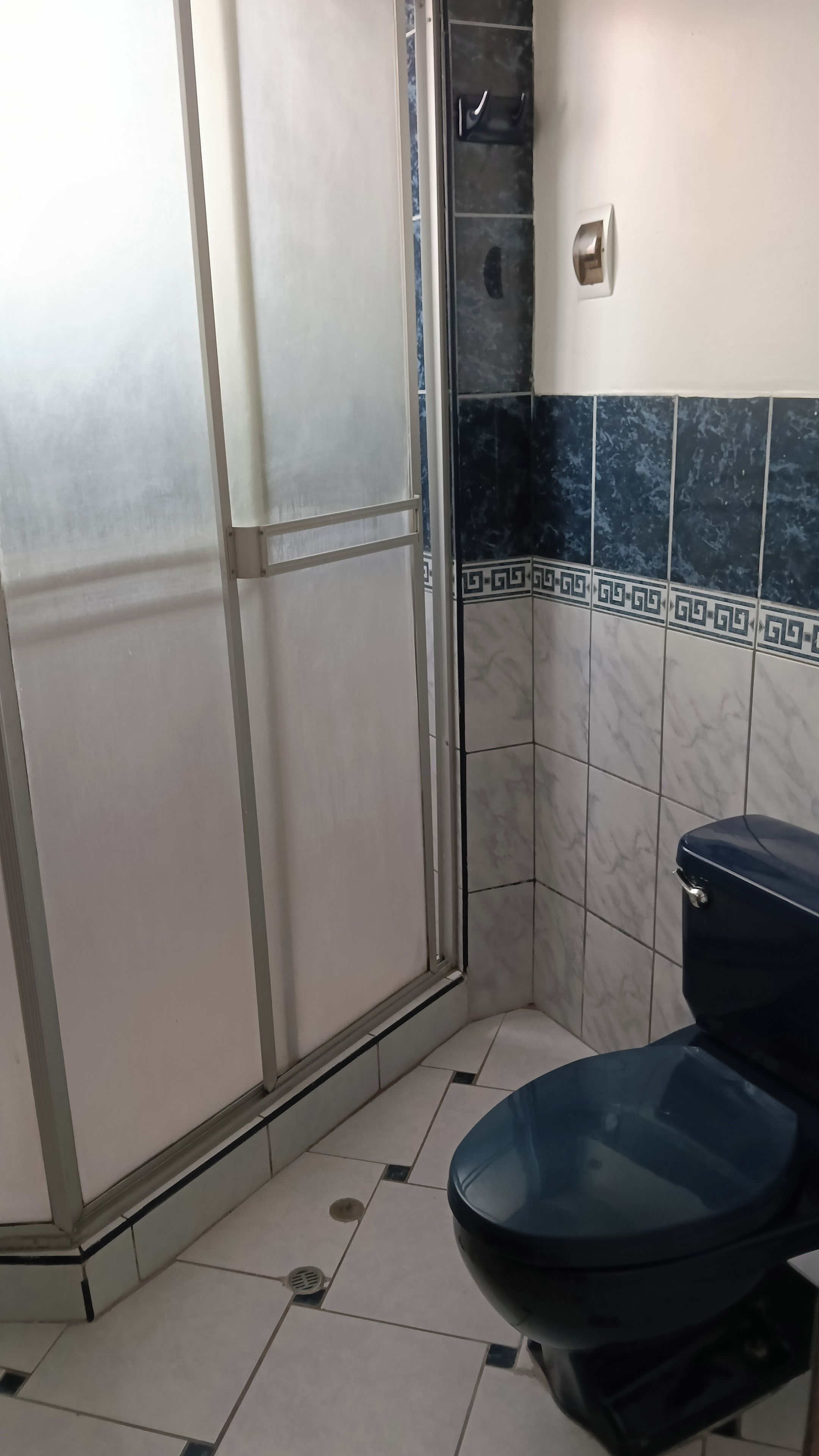Un baño con inodoro, cabina de ducha y paredes con azulejos.