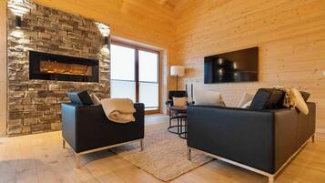 Smart TV, fireplace, books, video library