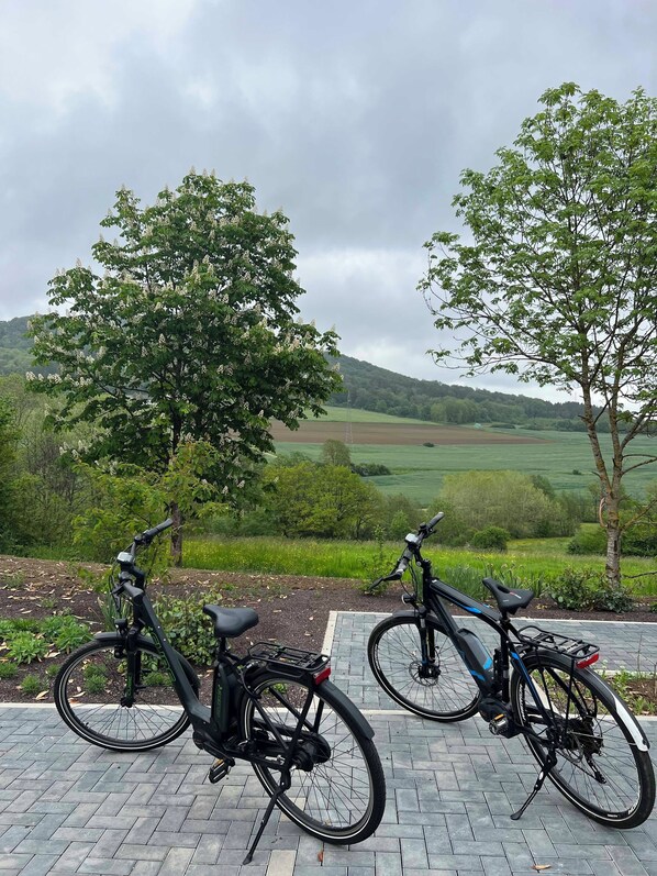 Duas bicicletas estacionadas em área pavimentada, com vista para um campo verde e árvores ao fundo.