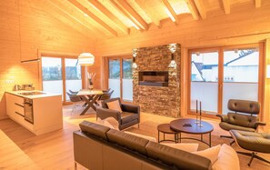 Smart TV, fireplace, books, video library