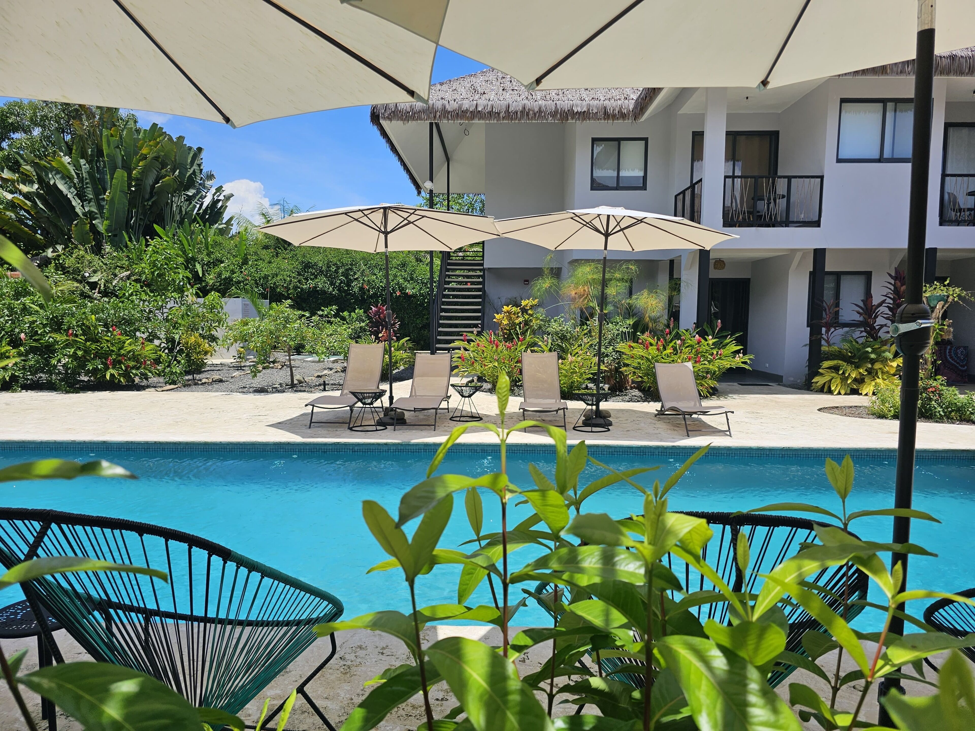 A pool area with lounge chairs and umbrellas, surrounded by lush greenery and a building with balconies.
