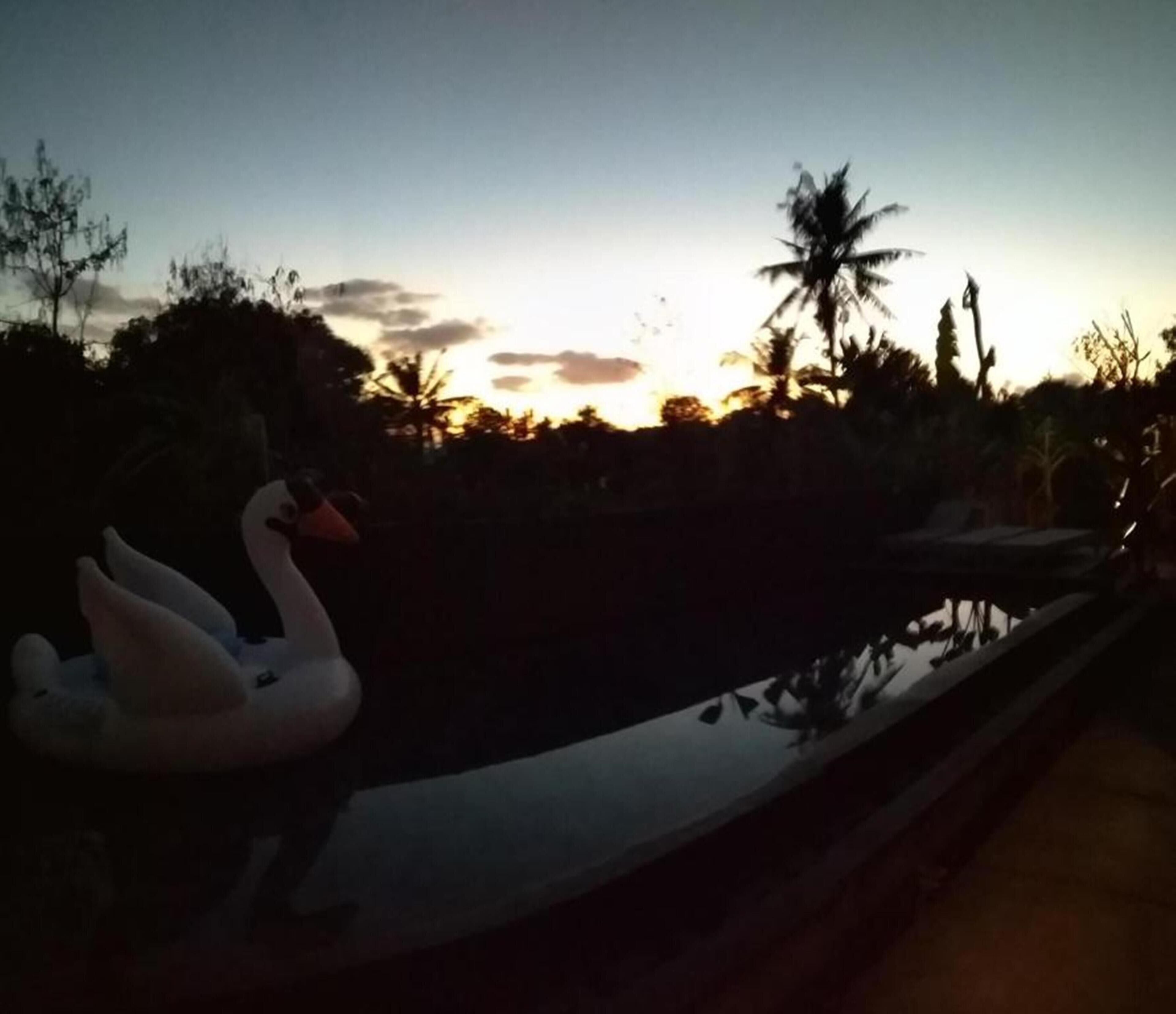 A swan-shaped decoration near a body of water, with trees and a clear sky in the background.