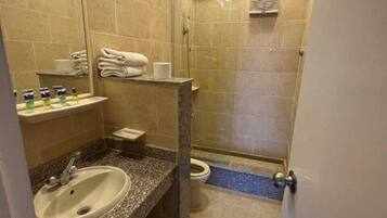 A bathroom with a granite countertop sink, a mirror, a glass shower enclosure, and a toilet.