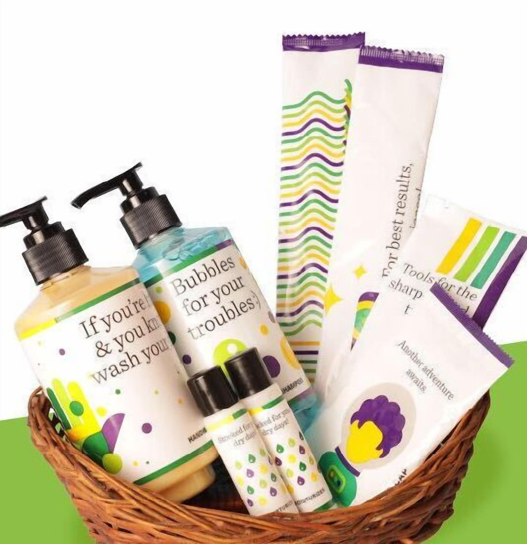 A basket containing various personal care products including bottles and tubes.
