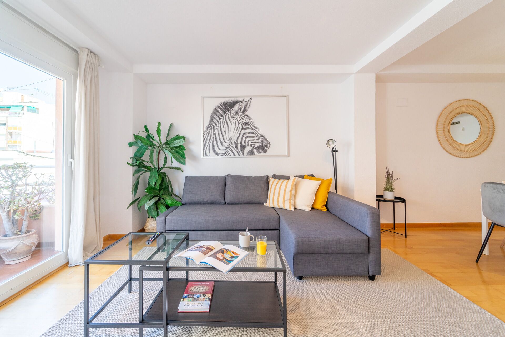 A modern living room with a grey sofa, a glass coffee table, a large potted plant, and a framed zebra artwork on the wall.