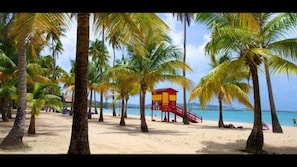 A beach with palm trees and a lifeguard tower. - Cozy house near the beach, a restaurant, and a tropical forest (Luquillo)