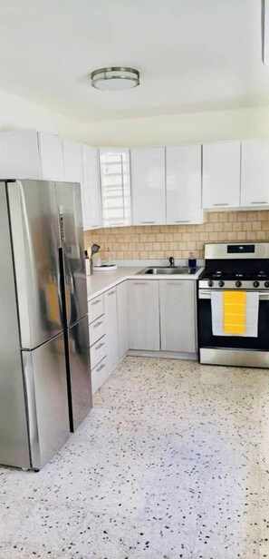 Fridge, microwave, oven, stovetop