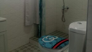 A small bathroom with a shower, toilet, and a patterned floor. - Impeccable Comfortable One Bed Apartment in Accra (Ogbodjo)