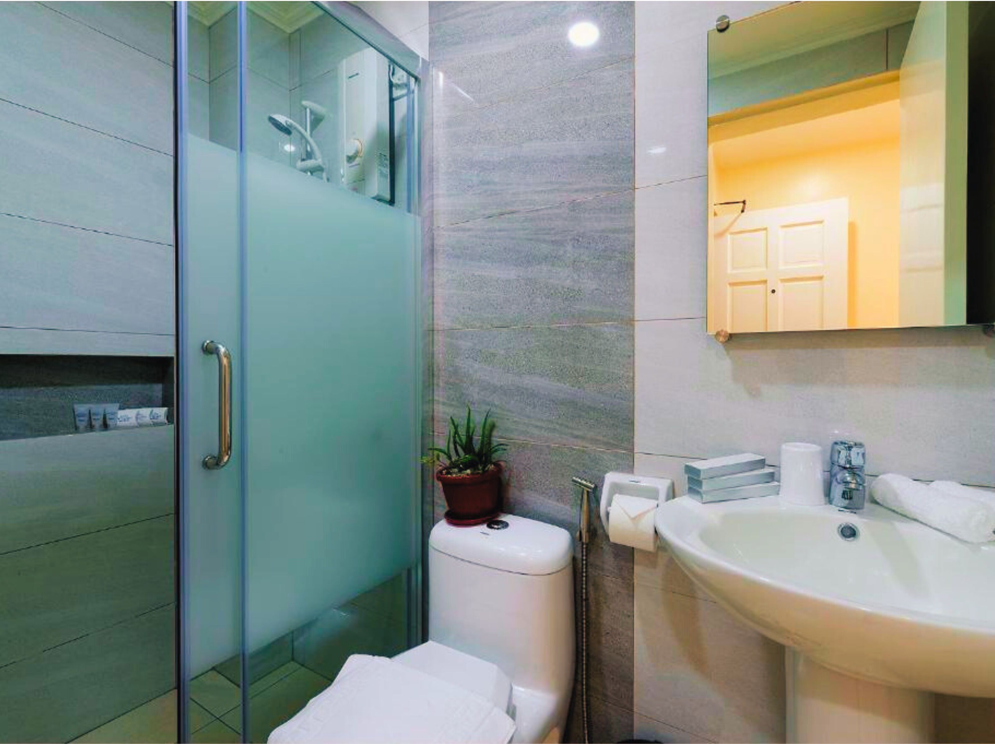 A modern bathroom with a glass shower enclosure, a toilet, a sink, and a mirror.