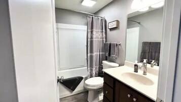 Combined shower/tub, hair dryer, towels, soap