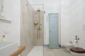 Shower, free toiletries, hair dryer, bidet