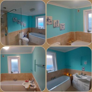 Een aparte badkuip en douche, een diep bad, een haardroger, handdoeken