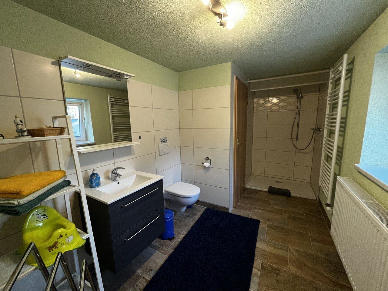 Une petite salle de bain avec un lavabo blanc, des toilettes et un espace douche.