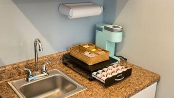 Fridge, microwave, coffee/tea maker, toaster