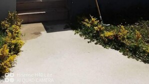 Ein moderner Außenbereich mit einem Betonweg, einer Holzpergola und einem schwarzen Pflanzgefäß mit Grünpflanzen.