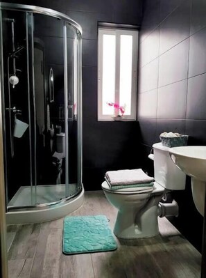 Combined shower/tub, hair dryer, towels, soap