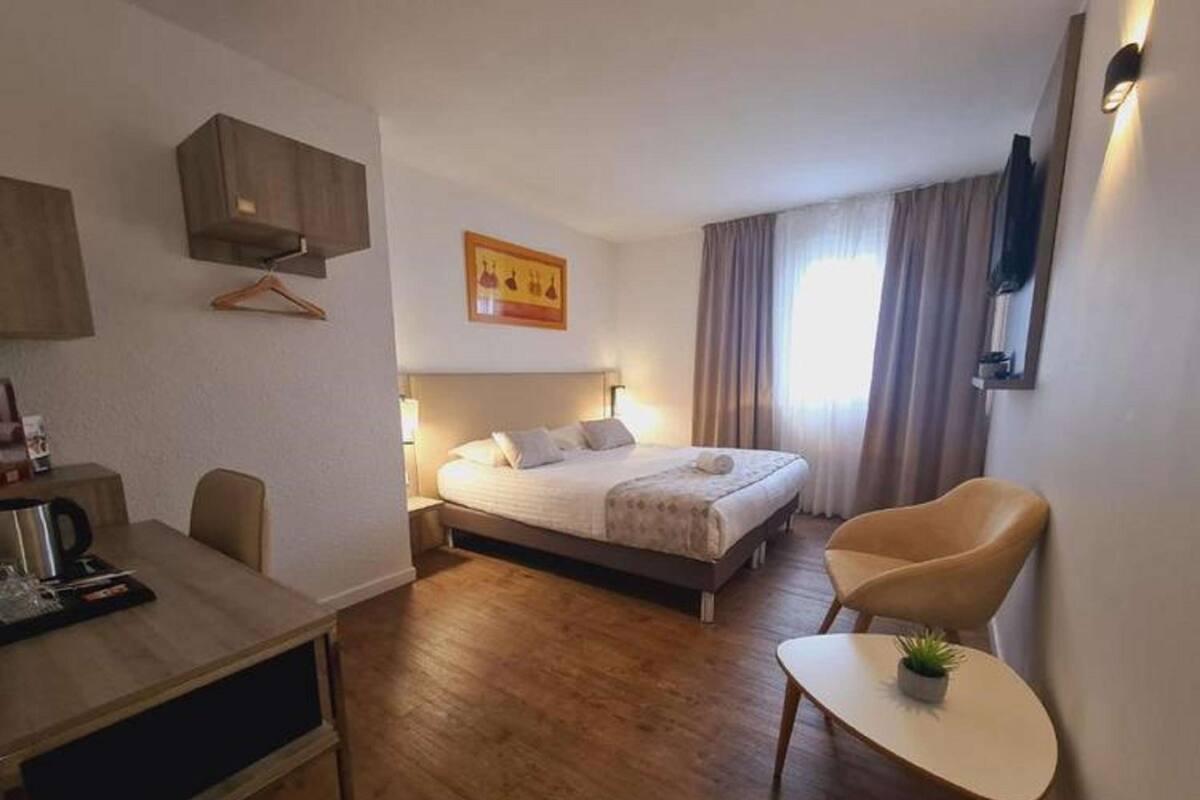 Une chambre d’hôtel comprenant un lit, une table de chevet, une chaise, un bureau et une petite table avec une plante.