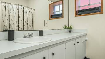 A bathroom with a white sink, a mirror, a shower curtain with a tree pattern, a small window, and a heater on the wall.