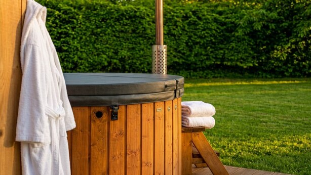 Un jacuzzi con chimenea que emite vapor, rodeado por una terraza de madera y un césped.