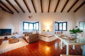Un salón amplio con chimenea, asientos cómodos y ventanas grandes.