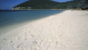Uma praia arenosa com pegadas, mar azul cristalino e uma colina verde ao fundo.