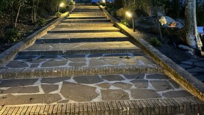 Uma escadaria de pedra serpenteia por uma colina, rodeada por árvores e iluminada por postes de luz.