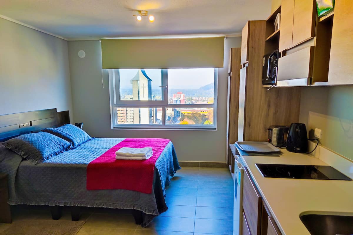 Una habitación compacta con cama, una kitchenette pequeña y ventana con vista a la ciudad.