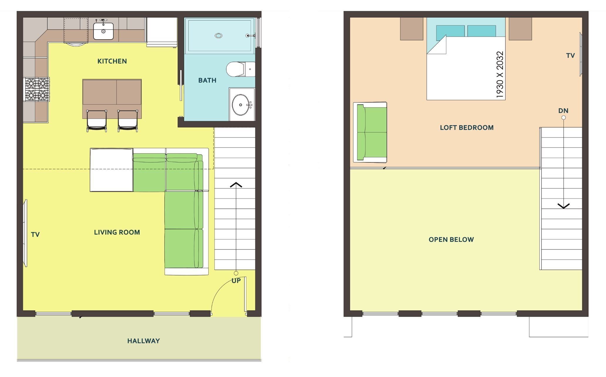 A floor plan with a kitchen, living room, bathroom, loft bedroom, and open space.