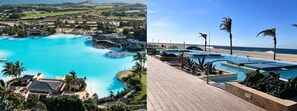 Un complexe hôtelier doté d’une grande piscine, d’une plage et d’une terrasse en bois.
