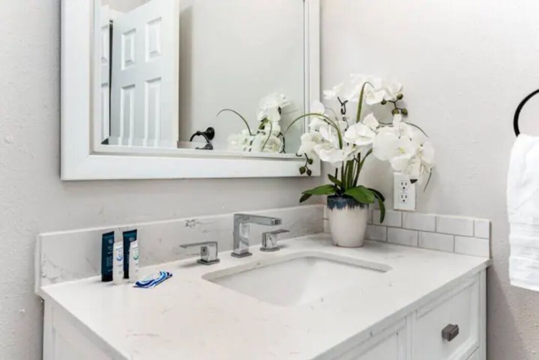 Une salle de bain avec un lavabo blanc, deux robinets, un miroir et une orchidée en pot.