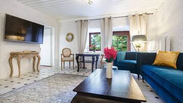 Una televisión, una chimenea