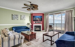 Smart TV, fireplace, books