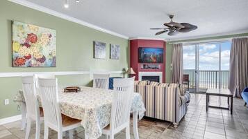 Smart TV, fireplace, books