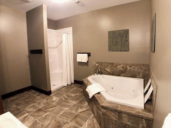 Shower, jetted bath, hair dryer, towels