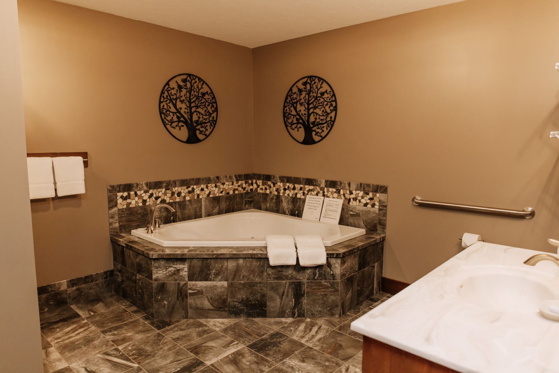 Regadera, tina de hidromasaje, secadora de cabello, toallas 