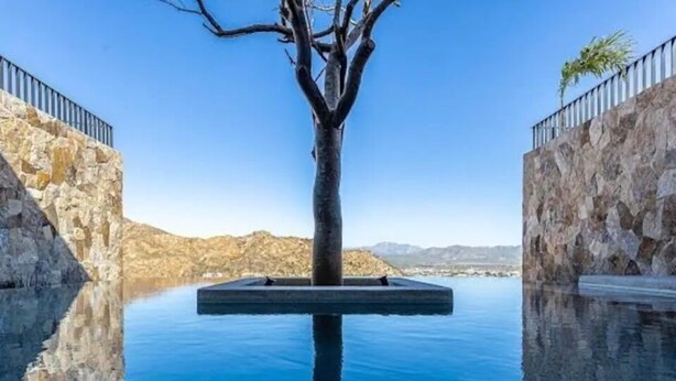 A tree in a stone-lined infinity pool with a clear view of distant mountains. - CONDO P1 BY TRVL2HM (Cabo San Lucas)